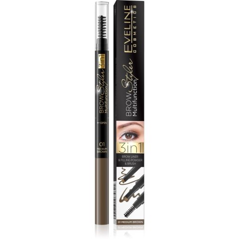 Eveline Brow Styler Kredka do Brwi w Sztyfcie z Gąbeczką i Szczoteczką 3w1 nr 01 Medium Brown