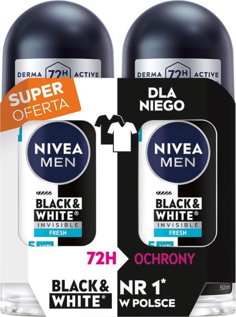 Nivea Antyperspirant w Kulce Black & White Invisible Fresh Duo 2x50 ml Roll-on Kulka dla Mężczyzn