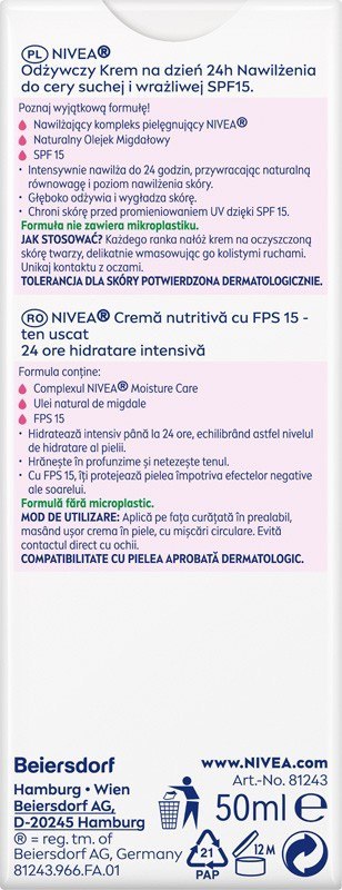 Nivea 24H Nawilżenia odżywczy krem na dzień cera sucha i wrażliwa SPF 15 50 ml