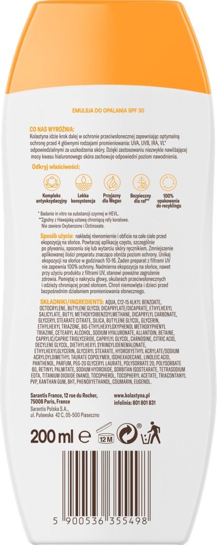 KOLASTYNA OPALANIE KOLASTYNA Ochrona i nawilżenie Emulsja do opalania SPF 30 200 ml