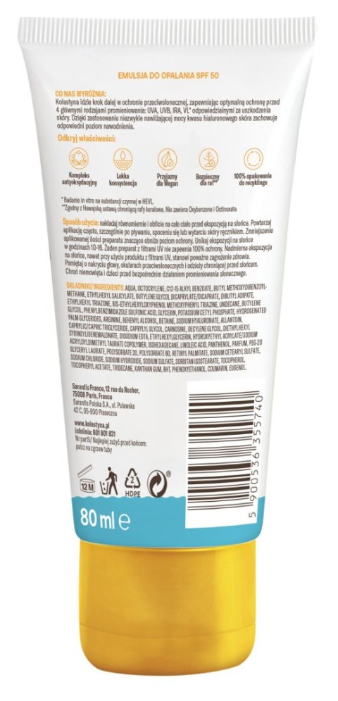 KOLASTYNA OPALANIE KOLASTYNA Ochrona i nawilżenie Emulsja do opalania SPF50+ 80 ml