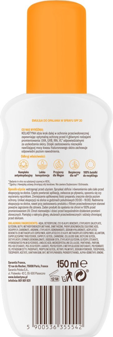 KOLASTYNA OPALANIE KOLASTYNA Ochrona i nawilżenie Emulsja do opalania w sprayu SPF20 150 ml